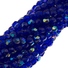 100 Czech Fire Polished 3mm Round Beads Cobalt AB (30090X)