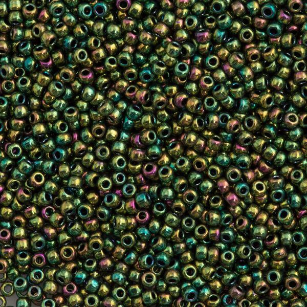 50g Toho Round Seed Bead 11/0 Higher Metallic Olivine Iris (508)