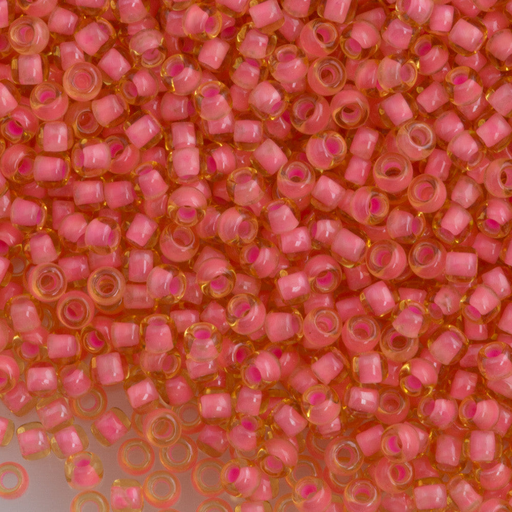 Toho Round Seed Bead 11/0 Light Topaz Inside Color Lined Coral Pink 19g Tube (925)