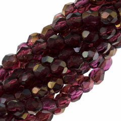 100 Czech Fire Polished 4mm Round Bead Fuchsia Twilight (70350W)