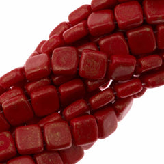 50 CzechMates 6mm Two Hole Tile Beads Opaque Red Marbled Gold (93200GM)