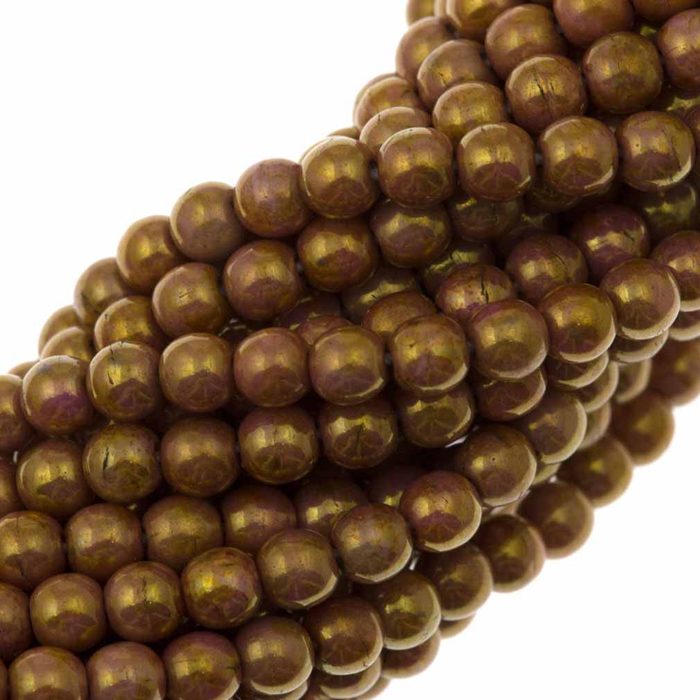 200 Czech 4mm Pressed Glass Round Beads Opaque Rose Gold Topaz Luster (65491P)