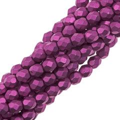 100 Czech Fire Polished 4mm Round Bead Saturated Metallic Pink Yarrow (77062)