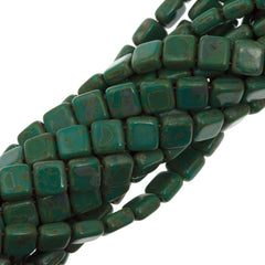 50 CzechMates 6mm Two Hole Tile Beads Dark Turquoise Picasso (63150T)