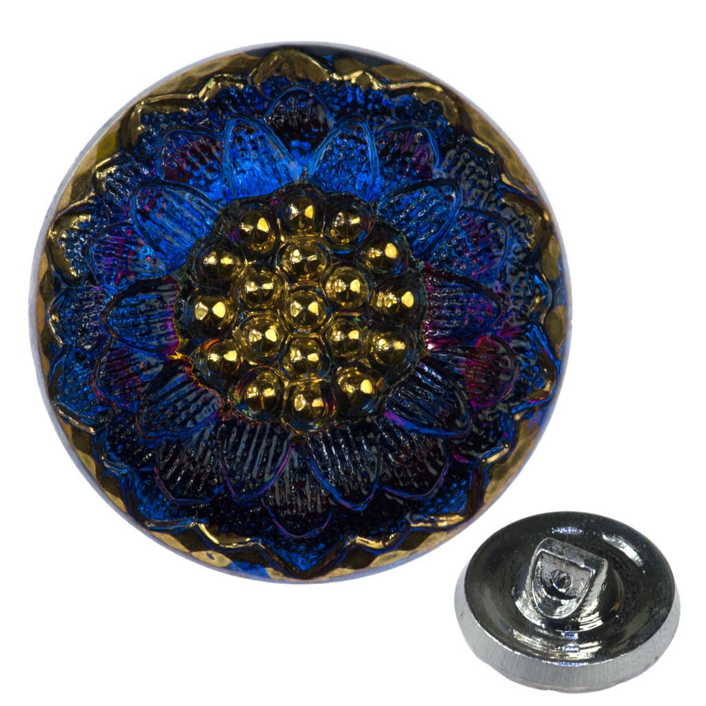 Czech 18mm Daisy Glass Button Blue Vitrail