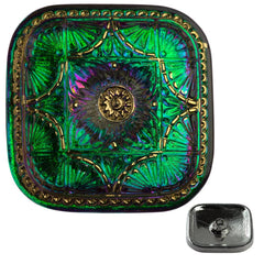 Czech 33mm Square Fan Design Green Vitrail Glass Button