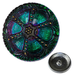 Czech 27mm Wheel Glass Button Emerald Vitrail