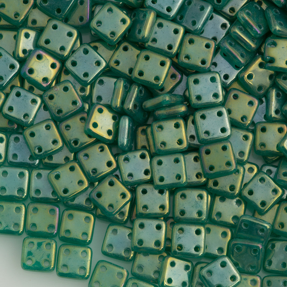CzechMates 6mm Four Hole Quadratile Atlantis Green Luster Iris Beads 8g Tube (52060LR)