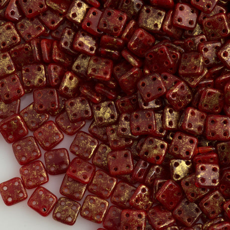 CzechMates 6mm Four Hole Quadratile Oxblood Gold Marbled Beads 15g (91260GM)