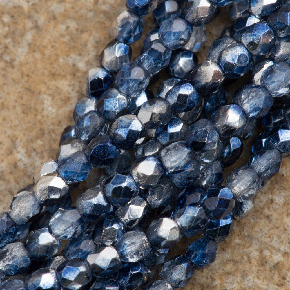 100 Czech Fire Polished 2mm Round Bead Denim Mirror (53080K)