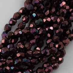 100 Czech Fire Polished 4mm Round Bead Metallic Amethyst Luster (15726B)