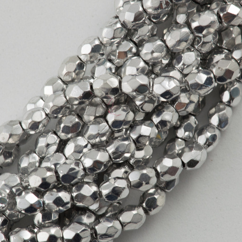 100 Czech Fire Polished 3mm Round Beads Silver (27000)