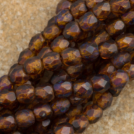 100 Czech Fire Polished 4mm Round Bead Matte Topaz Picasso (10060TM)