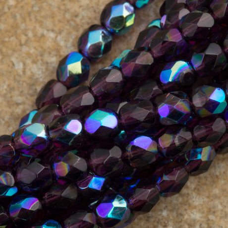 100 Czech Fire Polished 4mm Round Bead Dark Amethyst AB (20080X)