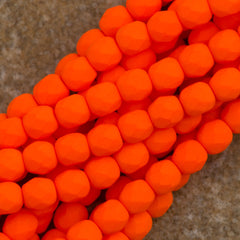 100 Czech Fire Polished 4mm Round Bead Neon Orange (25122)