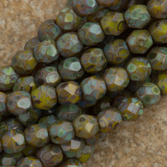 100 Czech Fire Polished 4mm Round Bead Chartreuse Picasso (84020T)