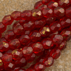 100 Czech Fire Polished 4mm Round Bead Siam Ruby Marbled Gold (90080GM)