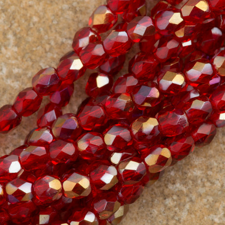 100 Czech Fire Polished 4mm Round Bead Siam Ruby Twilight (90080W)
