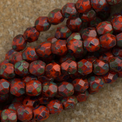 100 Czech Fire Polished 4mm Round Bead Opaque Bright Orange Picasso (93130T)