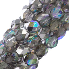 80 Czech Fire Polished 4mm Round Bead Crystal Silver Rainbow (98530)