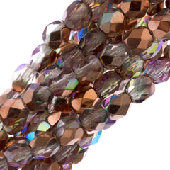 80 Czech Fire Polished 4mm Round Bead Crystal Copper Rainbow (98533)