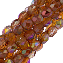 80 Czech Fire Polished 4mm Round Bead Crystal Orange Rainbow (98535)