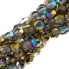 80 Czech Fire Polished 4mm Round Bead Crystal Golden Rainbow (98536)