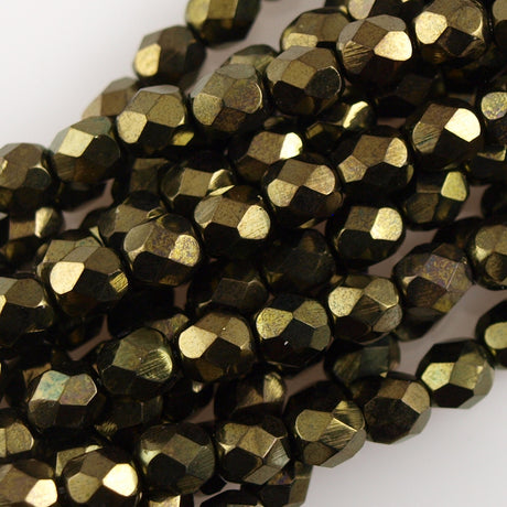 50 Czech Fire Polished 8mm Round Bead Metallic Green (14495B)
