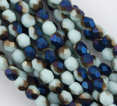 100 Czech Fire Polished 4mm Round Bead Midnight Iris Pale Turquoise (63100MI)