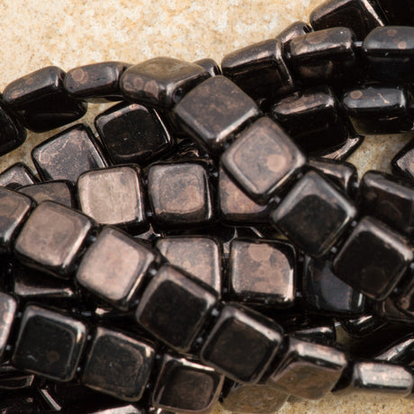 50 CzechMates 6mm Two Hole Tile Beads Jet Marbled Dark Bronze (15435)