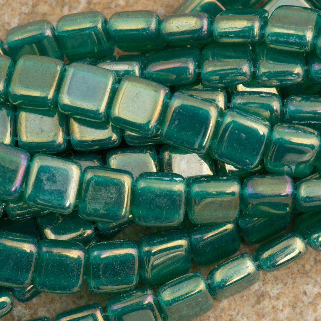 50 CzechMates 6mm Two Hole Tile Beads Atlantis Green Luster Iris (52060LR)