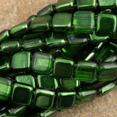 50 CzechMates 6mm Two Hole Tile Beads Mirror Fern Green (55070K)