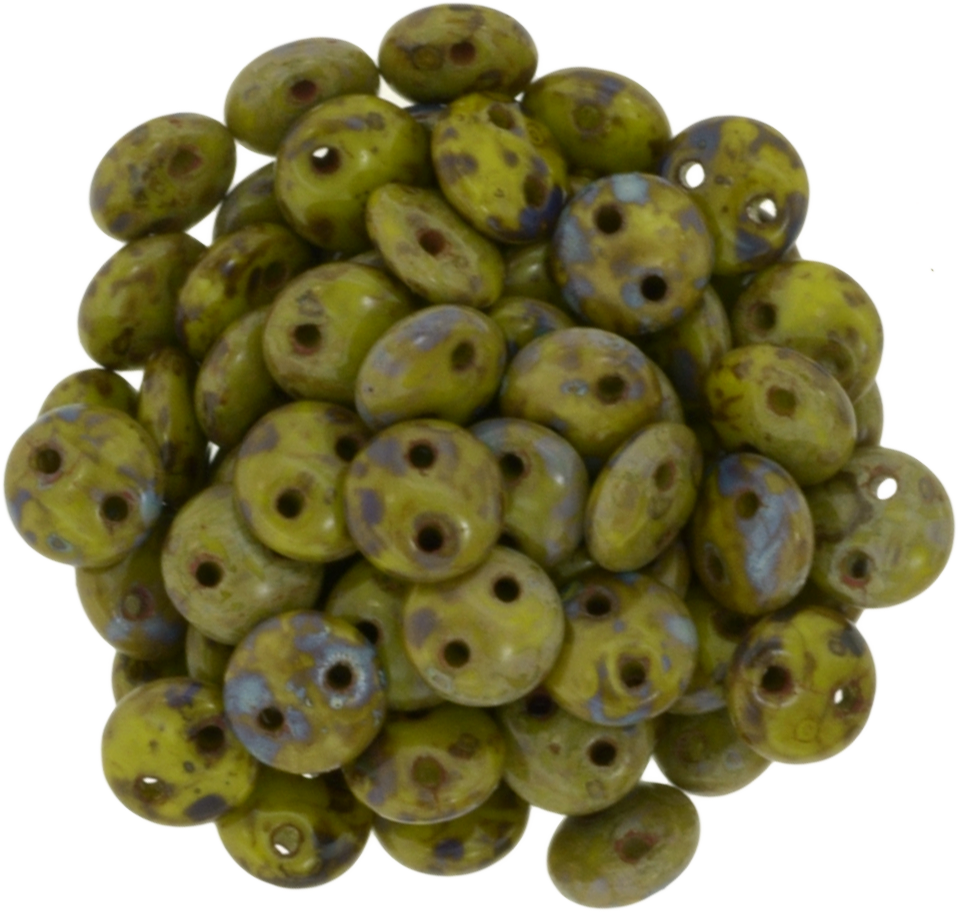 50 CzechMates 6mm Two Hole Lentil Opaque Olive Picasso Beads (53420T)