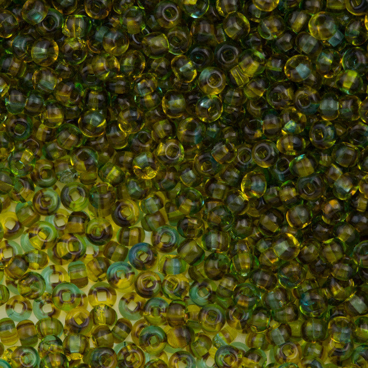 50g Czech Seed Bead 10/0 Transparent Harlequin Green Yellow (81761)