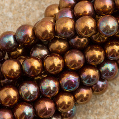 100 Czech 6mm Pressed Glass Round Opaque Dark Bronze Luster Iris Beads (14415R)
