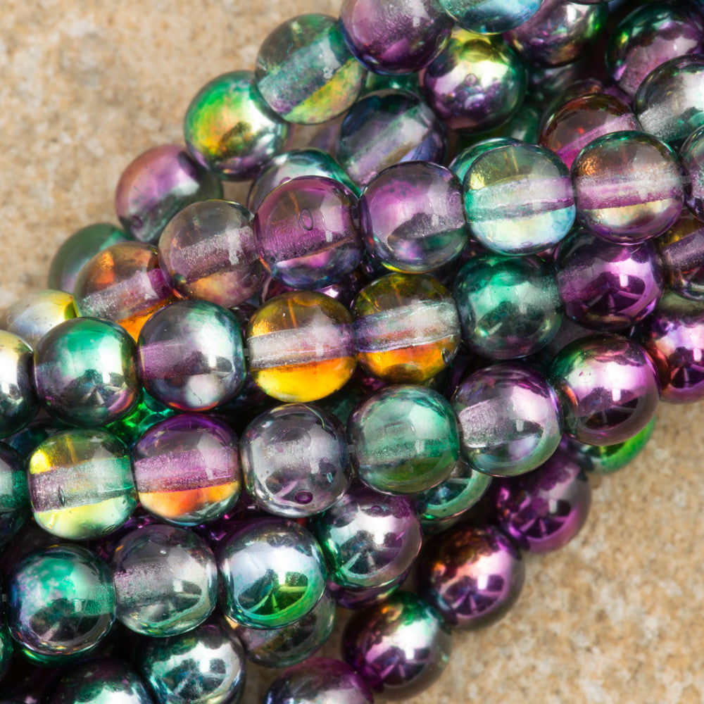 100 Czech 6mm Pressed Glass Round Peacock Gold Marea Beads (16314)