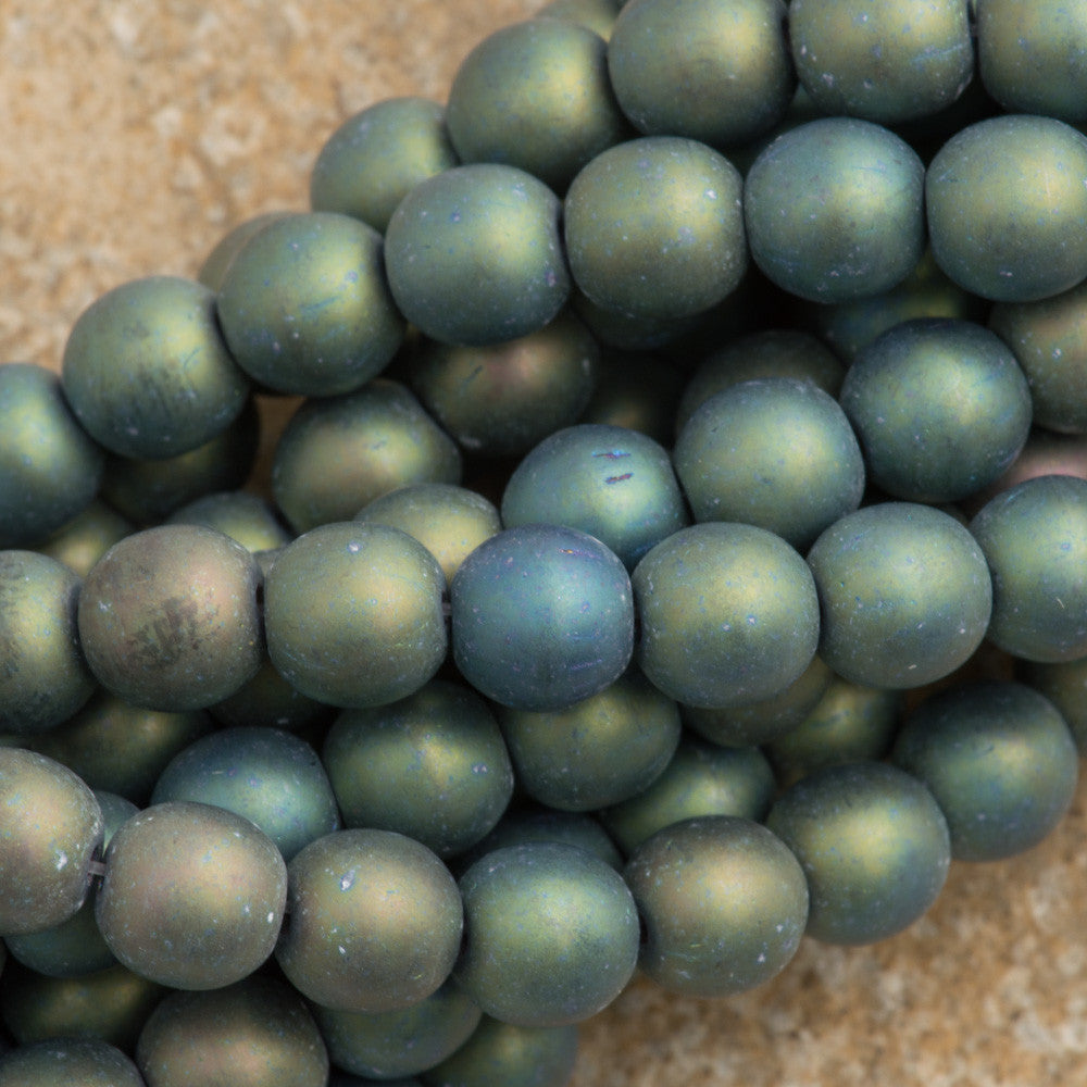 100 Czech 6mm Pressed Glass Round Matte Green Iris Beads (21155)