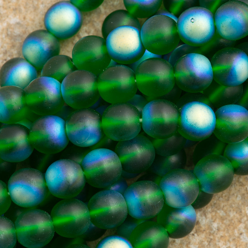 100 Czech 6mm Pressed Glass Round Matte Green Emerald AB Beads (50140MX)