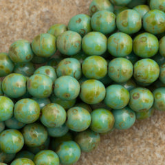 100 Czech 6mm Pressed Glass Round Opaque Turquoise Picasso Beads (63130T)