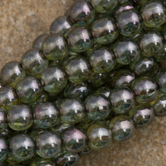 100 Czech 6mm Pressed Glass Round Beads Transparent Green Luster (65431)