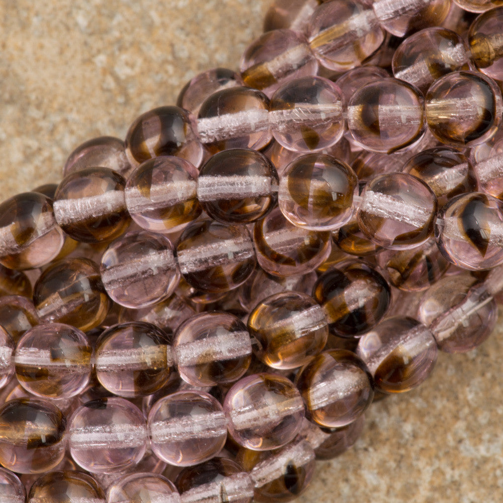 100 Czech 6mm Pressed Glass Round Rosaline Tortoise Beads (78126)
