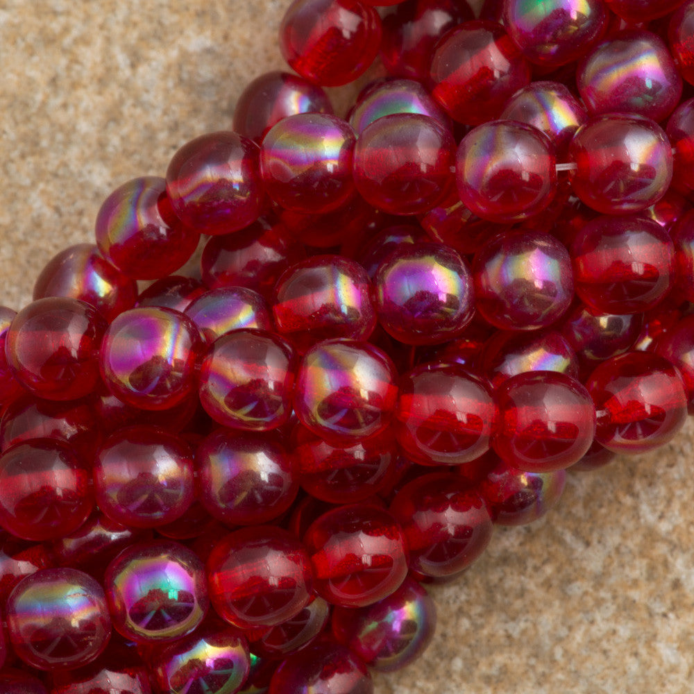 100 Czech 6mm Pressed Glass Round Luster Siam Ruby Iris Beads (90080LR)