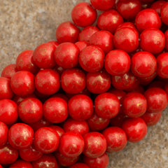 100 Czech 6mm Pressed Glass Round Opaque Red Gold Marbled Beads (93180GM)