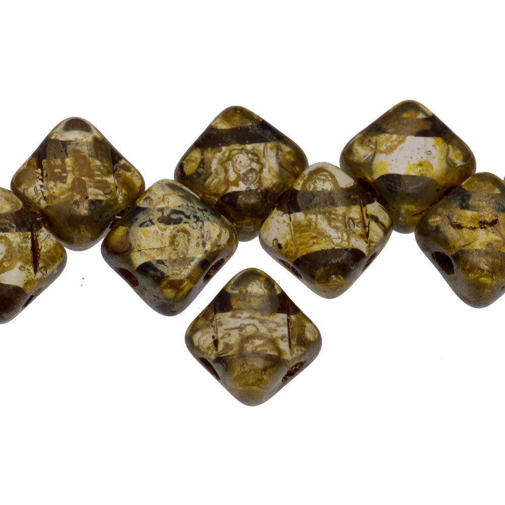 Czech Glass 6mm Two Hole Silky Beads Crystal Bronze Picasso