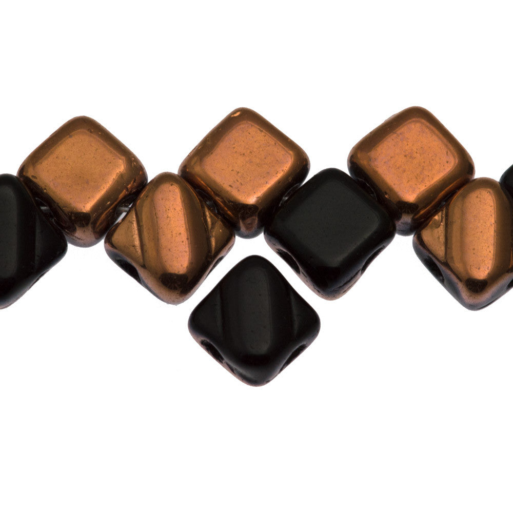 Czech Glass 6mm Two Hole Silky Beads Jet Capri Gold