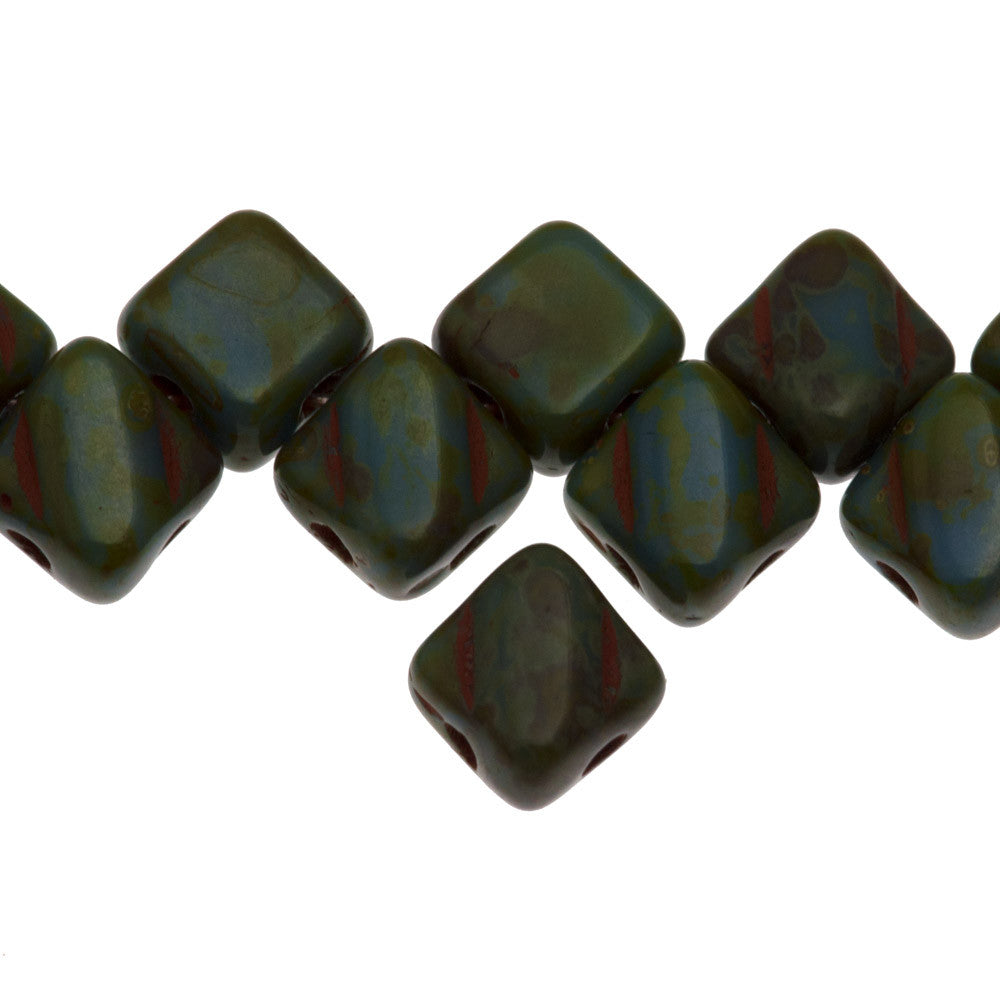 Czech Glass 6mm Two Hole Silky Beads Opaque Alabaster Blue Picasso