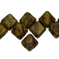 Czech Glass 6mm Two Hole Silky Beads Opaque Yellow Picasso