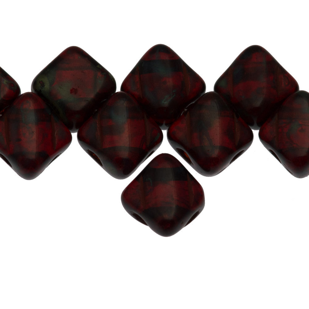 40 Czech Glass 6mm Two Hole Silky Beads Transparent Ruby Picasso (90090T)