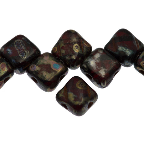 Czech Glass 6mm Two Hole Silky Beads Ruby Picasso