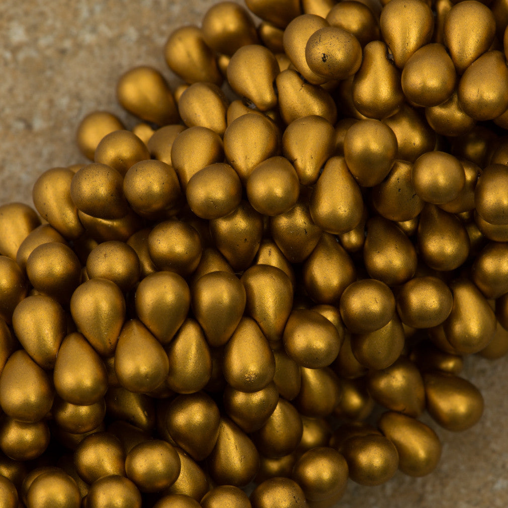 90 Czech 6x4mm Tear Drop Matte Metallic Goldenrod Beads (01730K)